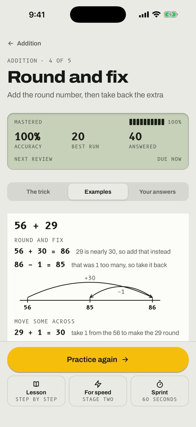 A lesson: a sum worked through, with a picture of the working.